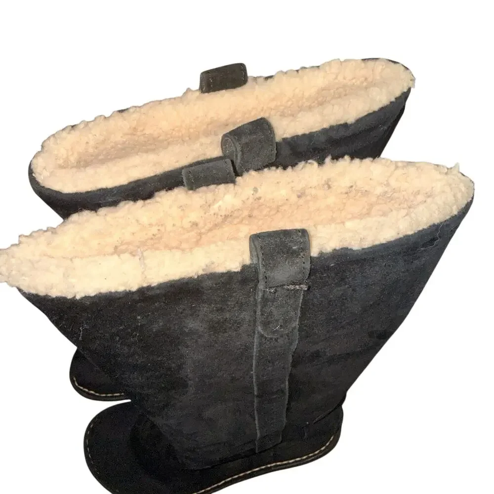 UGG Hartley Knee High Boots Black Suede & Sheep Skin Wedge S/N 3342 Size 7 M